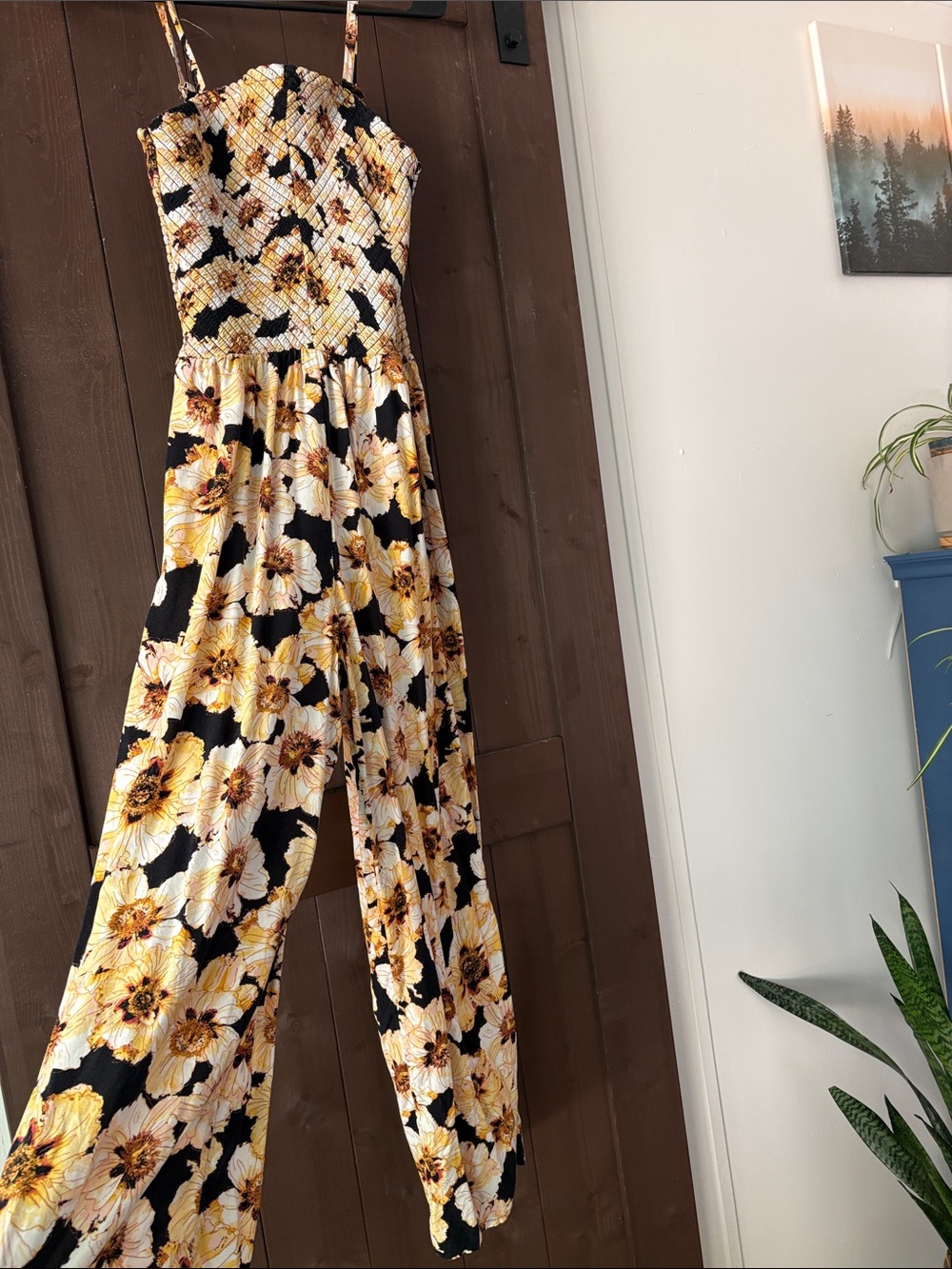 Maurices Floral Smocked Jumpsuit in Yellow, Black, and Cream